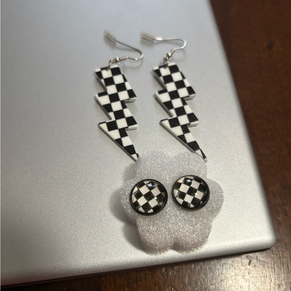 Black and White Checkered Lightning Bolt Earrings